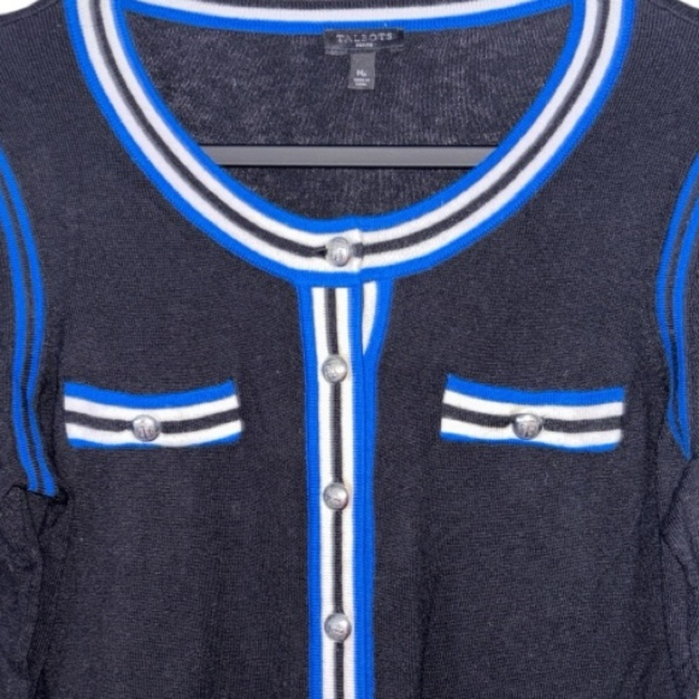 Talbots Black Cardigan with Blue/White Stripes, P2P:19”, L:26.5” - Picture 4 of 10